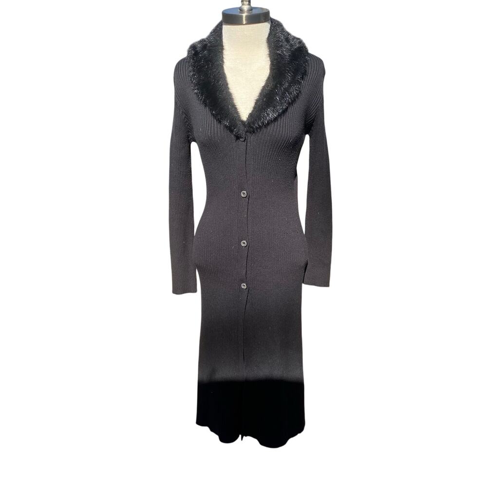 Vintage Sexy Black Long Cardigan With Faux Fur Collar Size XS-M